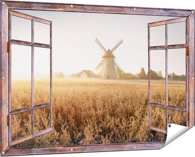 Gards Tuinposter Doorkijk Windmolen in het Veld - 150x100 cm - Tuindoek - Tuindecoratie - Wanddecoratie buiten - Tuinschilderij