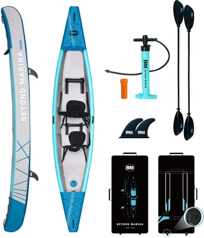 Opblaasbare Kajak voor 2 Personen – Drop-Stitch Tandem Kajak Set voor Volwassenen met Peddels, Stoelen, Pomp, Vin & Draagtas, Stevig en Veelzijdig, 420×81×50 cm
