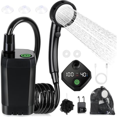 GELLDG Draagbare kampeer douche - Duurzaam en langdurig - 6000mAh oplaadbare douche - Met slim LED-display - 4 waterstraalmodi - waterdichte outdoor douchepomp - Mobiele Douche - Geschikt voor stranden, reizen, huisdieren