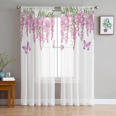 Lente Aquarel Roze Blauweregen Bloemen Slaapkamer Gordijnen Tule Transparant Gordijn Woonkamer Huisdecoratie Voile Draperieën 135W x 114H(cm) white