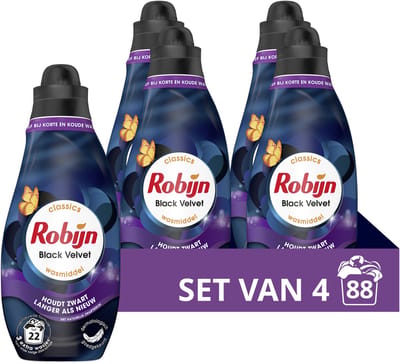Robijn - Vloeibaar Wasmiddel - Klein & krachtig - Black Velvet - 4 flessen - 88 Wasbeurten - Voordeelverpakking