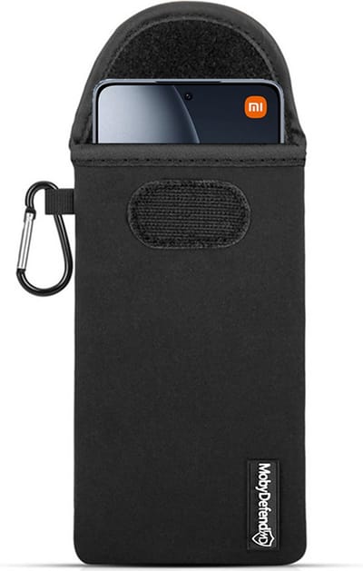 MobyDefend Hoesje - Geschikt voor Xiaomi 14T Pro - Neopreen Pouch Met Karabijnhaak - Insteek - Riemlus - Zwart