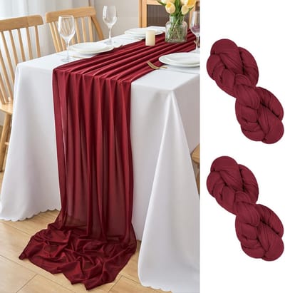 Tafelloper chiffon, bordeaux, tafelloper, decoratie, bruiloft, slaapkamer, 2 stuks, tafelkleed voor verjaardag, vakantie, communie, feest, doop, decoratie, 77 x 300 cm
