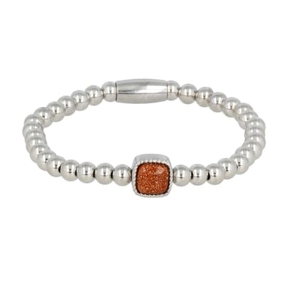 My Bendel - Zilverkleurige Elastische Bedelarmband met Gold Sand Stone Edelsteen - Elastische Damesarmband met Gold Sandstone Bedel - met Luxe Cadeauverpakking | Sieraden Voor Dames | Maat S