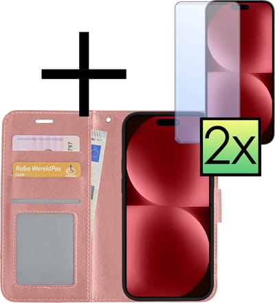 Hoesje - Met 2x Screenprotector - Geschikt voor Apple iPhone 15 - Luxe Pasjeshouder - Bookcase Portemonee - Flip Case - Kunstleer Book Case - Flipcase Hoes - Book Cover - Walletcase - Portemonneehoes - Rosé goud