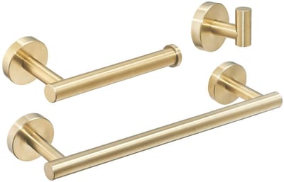 Cosensi- Badkameraccessoires Set - Geborsteld Goud - Roestvrij Staal - Wandmontage - Handdoekhouder - Toiletrolhouder - Inclusief Haak - Badkamer Set