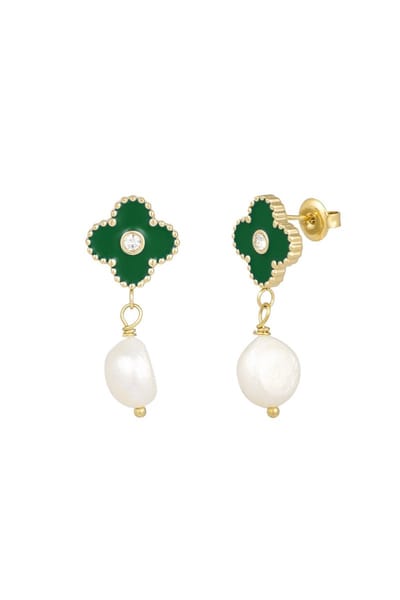Yehwang - klaver oorbellen - parel - groen - cadeau - kerst