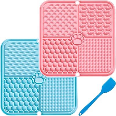 Set van 2 likmatten voor honden, ideaal voor angstverlichting, verzorging en training, geschikt voor puppy's en volwassen honden, roze en blauw