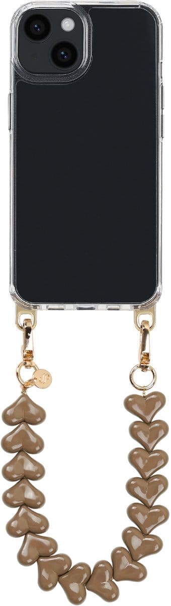 Selencia Transparant Hoesje met Haakjes inclusief Hartjes Polskoord - Geschikt voor Apple iPhone 14 - Mocha Brown