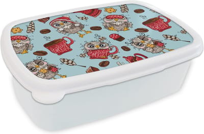 Broodtrommel Wit - Lunchbox - Brooddoos - Patronen - Uil - Ontbijt - 18x12x6 cm - Volwassenen