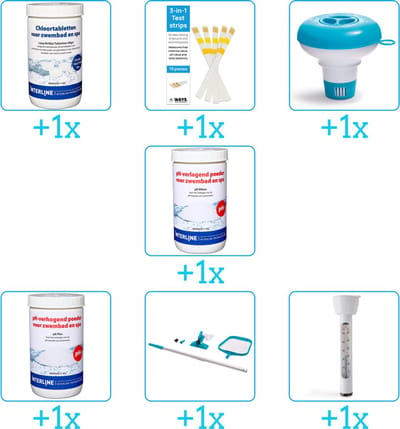 Zwembad Onderhoudspakket - Onderhoud Zwembad - bevat Chloor - Testrips - Chloordrijver - PH-min - PH-plus - Schoonmaakset en Thermometer (7-delig)
