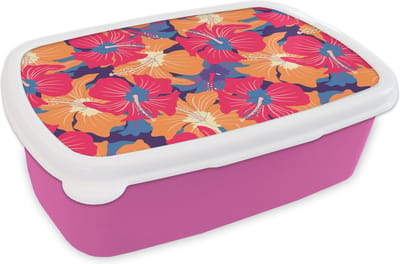 Broodtrommel Roze - Lunchbox - Brooddoos - Zomer - Bloemen - Hawaii - Patronen - 18x12x6 cm - Kinderen - Meisje
