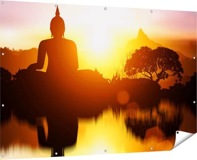 Gards Tuinposter Silhouet van Boeddha Beeld met Zonsondergang - 180x120 cm - Tuindoek - Tuindecoratie - Wanddecoratie buiten - Tuinschilderij