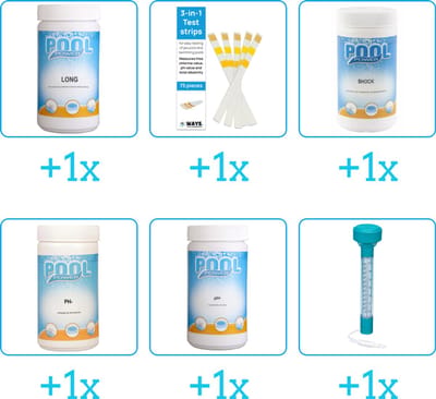 Zwembad Onderhoudspakket - Onderhoud Zwembad - bevat Chloor - Testrips - Chloor - PH-min - PH-plus en Thermometer (6-delig)