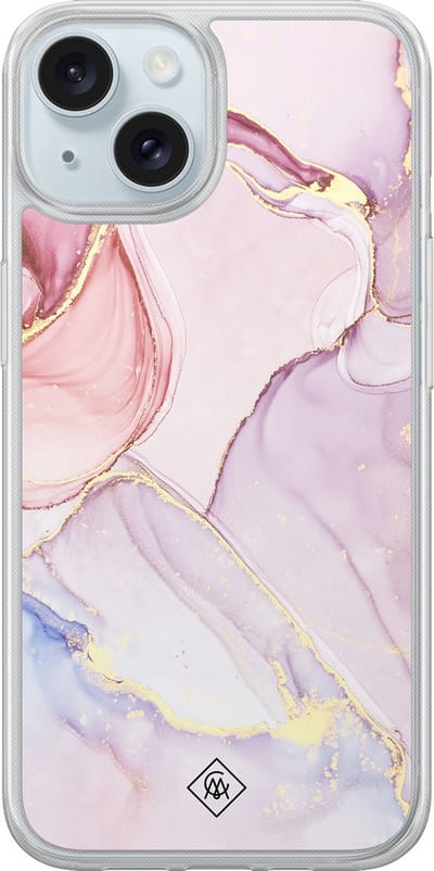 Casimoda® hoesje - Geschikt voor iPhone 15 - Marmer roze paars - 2-in-1 case - Schokbestendig - Marble design - Verhoogde randen - Paars, Transparant