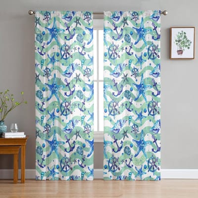 Zeester Anker Oceaanleven Transparante Voile Raamgordijnen Tule Gordijnen Woonkamer Balkon Decoratie Drapes 135W x 114H(cm) white