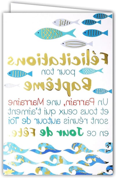 SnelShoppen - Wenskaart Doop, Peetouders, Doopdag, Vissen, Water, Blauw, Goud, 12x17.5 cm, Duurzaam PEFC Papier, Made in France
