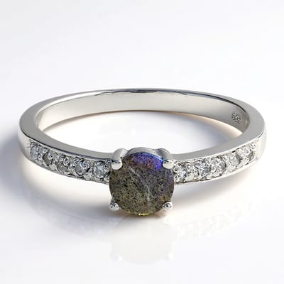 Cavill - 925 Sterling Zilver Ring met Spectroliet 0,38 ct & Witte Topaas 0,06 ct - Elegante Damesring - Ronde 5 mm Edelsteen - Natuurlijke Glans