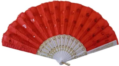 Handwaaier Opvouwbaar - Zijden Decoratie - Feestelijke Accessoires - Handgemaakt Pailletten - Groot Formaat - Rood