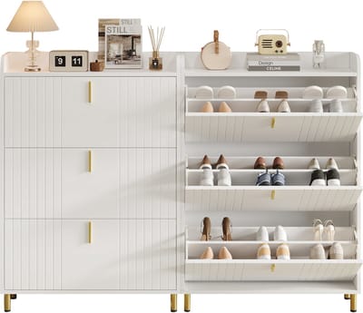 Schoenenkastset - 80x23.5x123.5 cm - 2 Stuks Met 3 Kleppen 6 Vakken En Anti-Kip - MDF - Wit