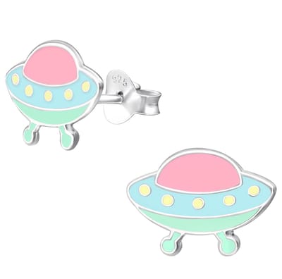Joy|S - Zilveren ufo oorbellen - pastel kleurtjes - 13 x 8 mm - kinderoorbellen