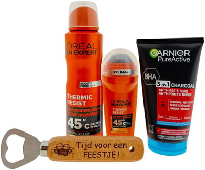 L’Oréal Men Expert & Garnier Heren Cadeauset – Deo Spray, Deo Roller & Reinigingsgel met Bieropener “Tijd voor een Feestje” – Cadeau voor Mannen