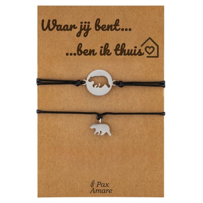 Koppel Armbandjes voor 2 "Waar jij bent, ben ik thuis" - Beertjes - Vriendschapsarmbandjes met Liefdevol Cadeau Kaartje - Zilverkleurig - Elastisch Verstelbaar - Pax Amare