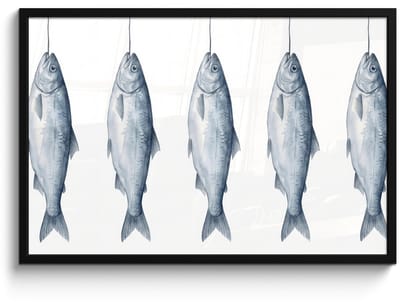 Poster in lijst - Fotolijst 90x60 cm - Posters - Vissen - Illustratie - Delfts - Blauw - Posterlijst zwart - Decoratie - Wanddecoratie woonkamer - Muurdecoratie slaapkamer