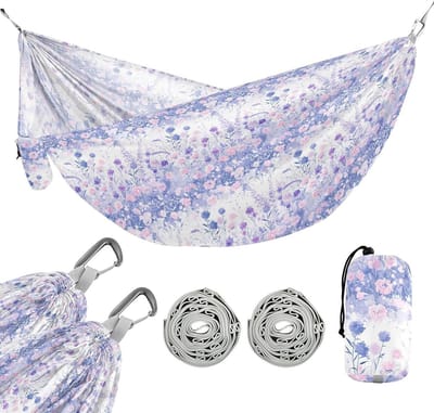 Kampeerhangmat - Stoffen hangmat - Ontspannen buiten - Met opbergvak - 114 x 138 cm - Roze paars bloemen