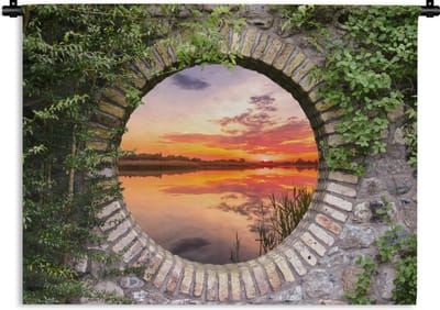 Wandkleed - Wanddoek - Zee - Zonsondergang - Doorkijk - 120x90 cm - Wandtapijt