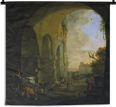 Wandkleed Jan Asselijn - Herders met vee onder een gewelf van het Colosseum te Rome - Schilderij van Jan Asselijn Wandkleed katoen 120x120 cm - Wandtapijt met foto