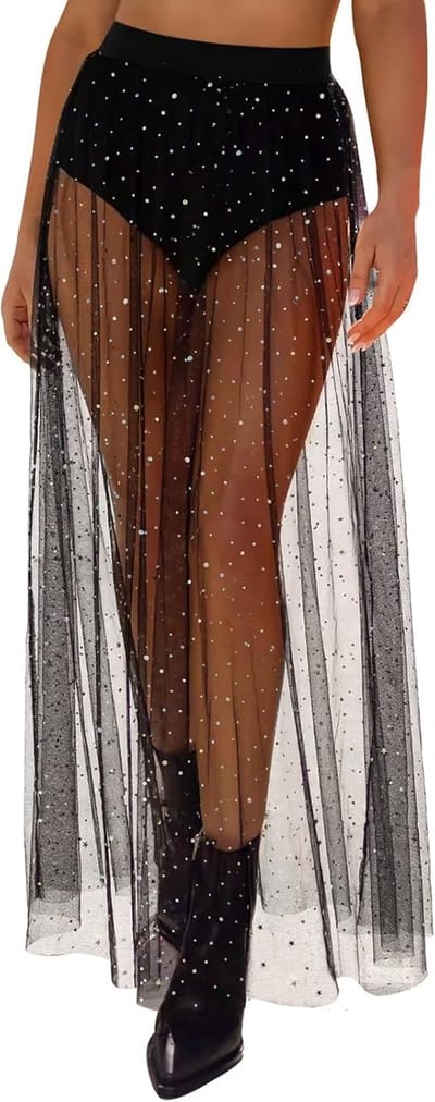2-in-1 Sheer Mesh Tule Lange Glitter Pailletten Rok Stretch Hoge Taille A-lijn Party Maxi Jurk Streetwear Club Wear