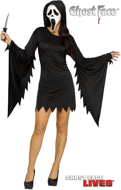 Fun World Ghostface Kostuum Dames Scream Masker Verkleedjurk met Capuchon en Masker Scream Kostuum Verkleedkleren Volwassenen Halloween Kostuum Volwassenen Halloween Kostuum Dames - Officiële Licentie - 2-Delig Jurk met Capuchon/Masker - Maat L/XL