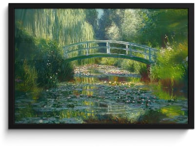 Poster in lijst - Fotolijst 60x40 cm - Posters - Brug - Hout - Vijver - Waterlelies - Posterlijst zwart - Decoratie - Wanddecoratie woonkamer - Muurdecoratie slaapkamer