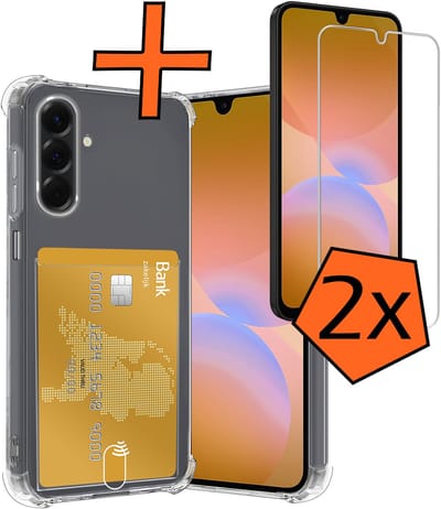 Hoes - Geschikt voor Samsung Galaxy A26 - Met 2x Screenprotector - Pashouder - Kaarthouder - Telefoon Hoesje Shockproof - Siliconen Case - Back Cover - Shock Proof - Pasjes Houder - Transparant