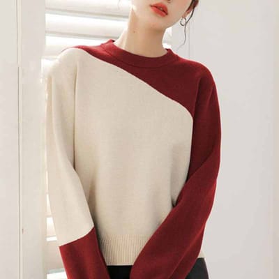 Pull Tricoté Patchwork Couleur Contrastée Exquis Français pour Femme Pull Tempérament Haut de Gamme avec Haut Automne et Hiver XXXL bordeaux-clairet