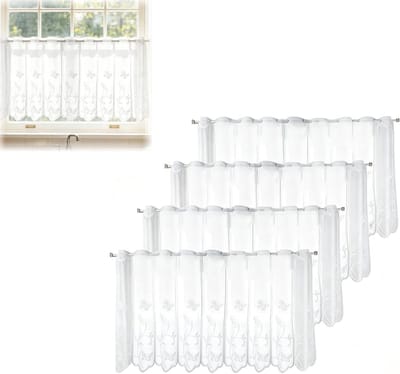 Set van 4 Vitrages 130 x 45 cm - Moderne Bistrogordijnen voor Keuken en Woonkamer, Lichtdoorlatend en Semi-Transparant Raamdecoratie in Wit