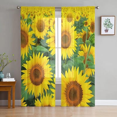Zonnebloemveld Hemel Aarde Moderne Bedrukte Tule Gordijnen voor Slaapkamer Balkon Raam Decor Creatieve Mode Thuis Transparant Gordijn 135W x 114H(cm) yellow
