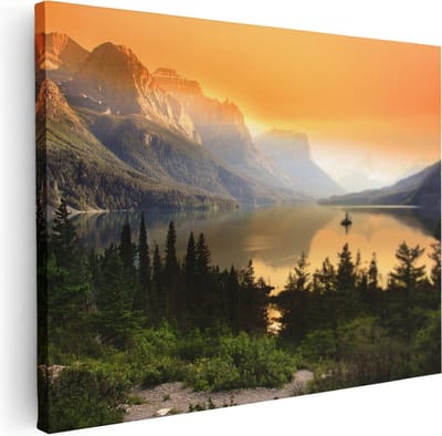 Artaza Canvas Schilderij Zonsondergang - 40x30 cm - Klein - Wanddecoratie Bergen - Muurdecoratie Bos - Schilderij Landschap - Kamer Accessoires