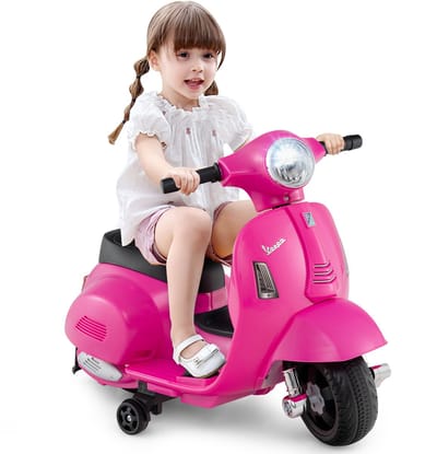 COSTWAY Vespa Elektrische kindermotorfiets, 6 V, met led-koplamp en claxon, 2-2,5 km/u, elektrische kindermotorfiets met steunwielen, voor jongens en meisjes van 18 - 36 maanden, roze