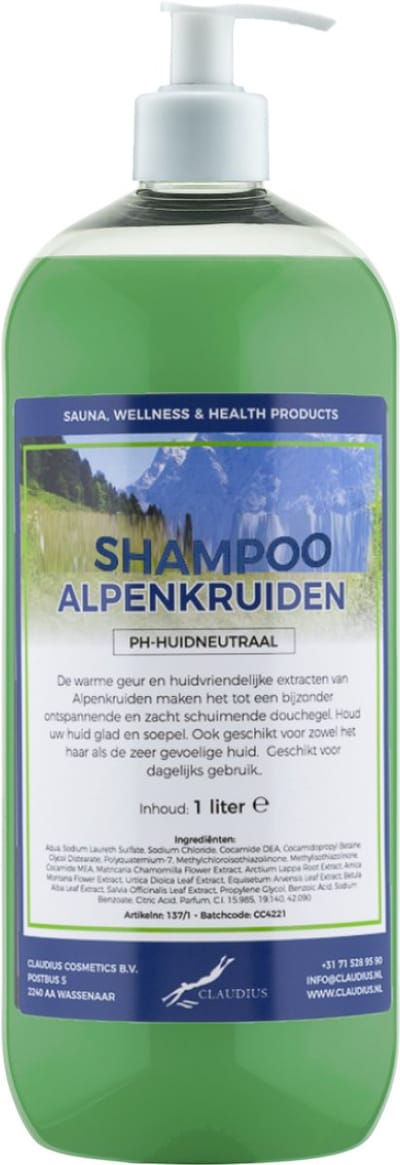 Shampoo Alpenkruiden - 1 liter (transparant) met witte pomp - Haarverzorging