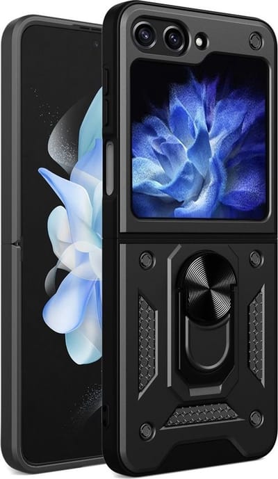 MobyDefend Hoesje - Geschikt voor Samsung Galaxy Z Flip 5 - Pantsercase Met Draaibare Ring - Zwart