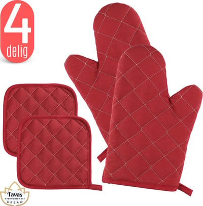 Tavas DREAM Ovenwanten Set Bordeaux Katoen Ovenwanten en Pannenlappen Ovenwanten 2 stuks Hittebestendig Pannenlappen 2 stuks Ovenhandschoenen tot 250Â°C