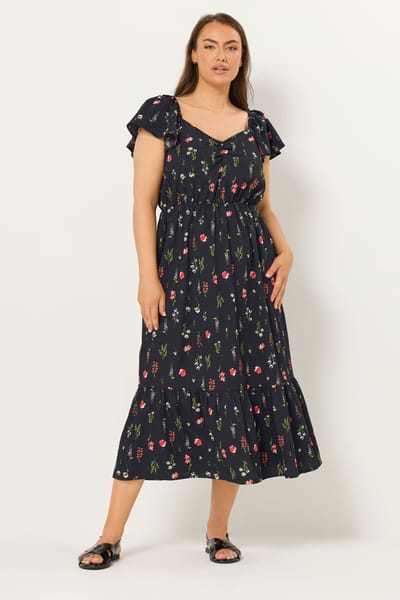 Yours Zwarte Maxijurk Met Bloemenprint En Plooien Size 42