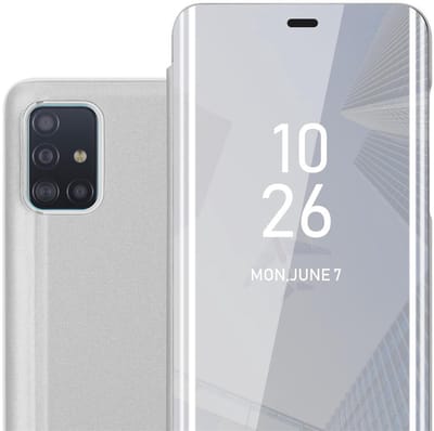 Cadorabo Hoesje geschikt voor Samsung Galaxy A51 4G / M40s in AGAAT ZILVER - Clear View Spiegel Beschermende Case met Tribunefunctie 360 Graden Bescherming Book Case Cover Etui