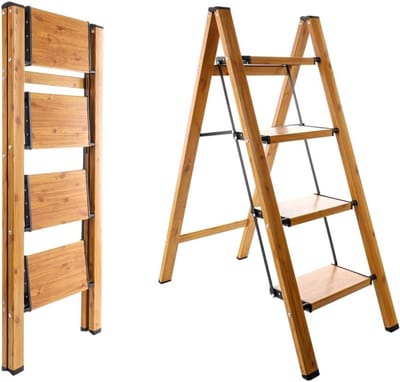 Vouwtrap Aluminium - Opstapje Keuken - Huishoudelijk Werk - Antislip Brede Treden - 4 Treden - Zwart Houtnerf