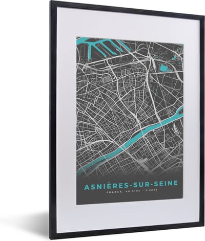 Fotolijst incl. Poster - Plattegrond – Asnières-sur-Seine – Stadskaart – Kaart – Frankrijk - 30x40 cm - Posterlijst