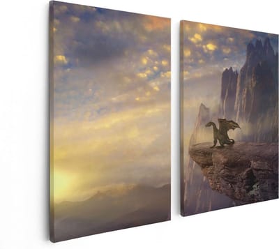 Artaza Canvas Schilderij Tweeluik Draak op een Rots bij Zonsondergang - 80x60 - Foto Op Canvas - Canvas Print