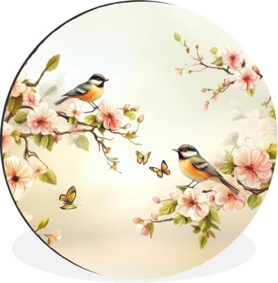 WallCircle - Wandcirkel - Muurcirkel - Takken - Bloemen - Vogeltjes - Roze - Aluminium - Dibond - 30x30 cm - Binnen en Buiten