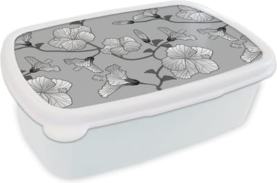Broodtrommel Wit - Lunchbox - Brooddoos - Hibiscus - Grijs - Tropisch - Patroon - 18x12x6 cm - Volwassenen